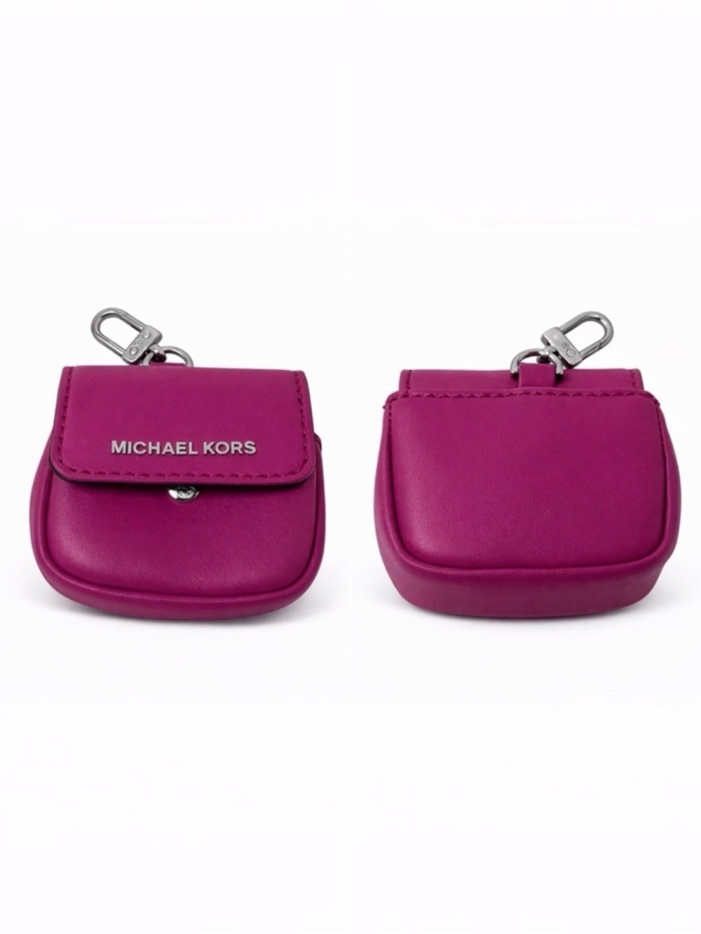 Michael Kors Hot Pink Leather AirPod Case  with Silvertone bag clip EUC